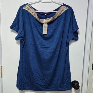 Agseem Navy Blue Long Sleeve Light Top with Lace - Brand New with Tags Small